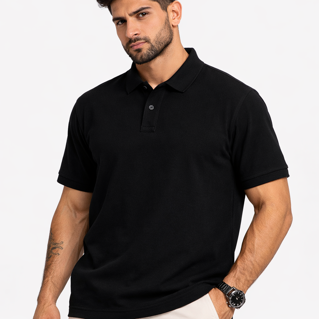 Relivve Premium 220 GSM Black Polo T-Shirt | Classic Fit Cotton Polo